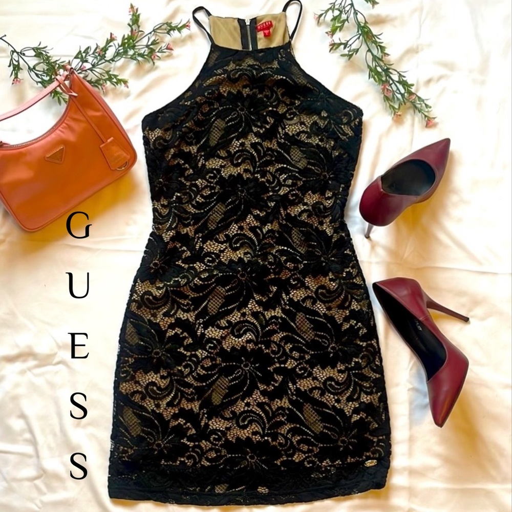 Guess Bodycon Black Over Lace Mini Dress • Size small